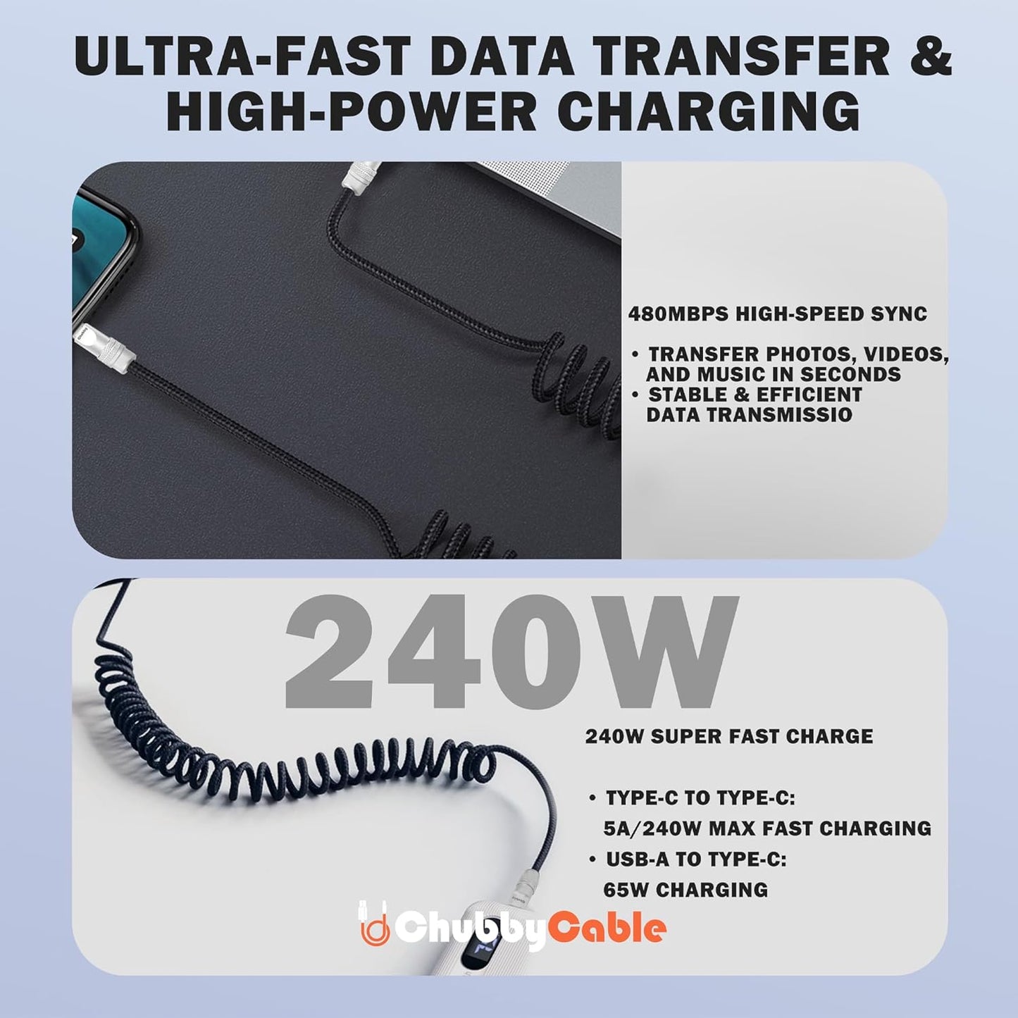 chubbycable Curly Chubby - Retractable Fast Charging Cable 240W Coiled Charger Cord for Car Durable USB-C Cable for Phones, Tablets and More, Pink, Type-C to Type-C, 1.3FT-2.3FT