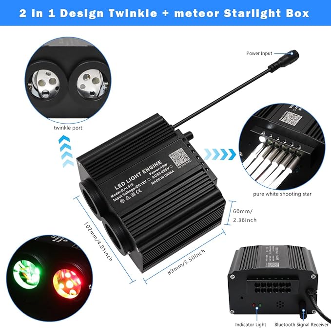 AMKI Dual Color 18W Twinkle&Meteor Starlight Headliner Kit 900pcs 0.03in 9.8ft+240pcs Pure White Shooting Star,Updated 2 in 1 Starlight Box RGBW Sound Activated Mode for Car Home Decor
