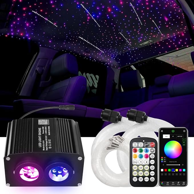 AMKI Dual Color 18W Twinkle&Meteor Starlight Headliner Kit 900pcs 0.03in 9.8ft+240pcs Pure White Shooting Star,Updated 2 in 1 Starlight Box RGBW Sound Activated Mode for Car Home Decor