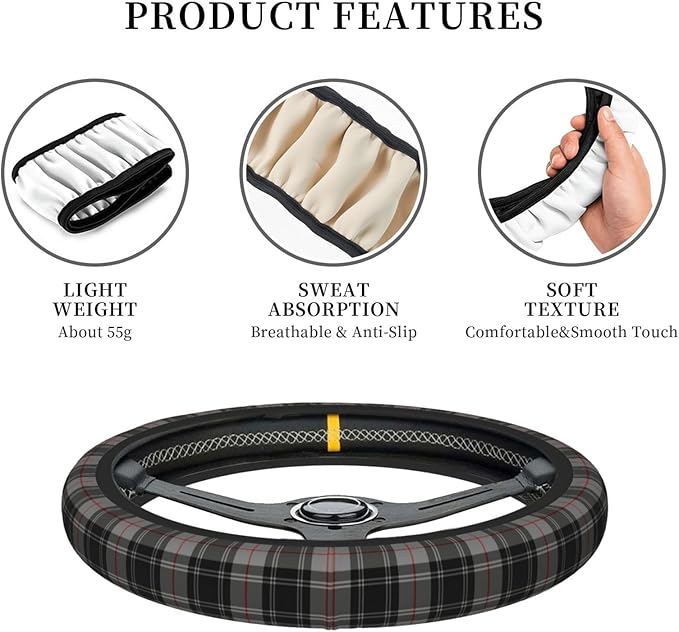Thickened Elastic Steering Wheel Cover, Gray Plaid Clan Moffat Tartan Ultra, Soft, Breathable, Fit for Cars, SUVs, Trucks, Stylish Comfortable Grip