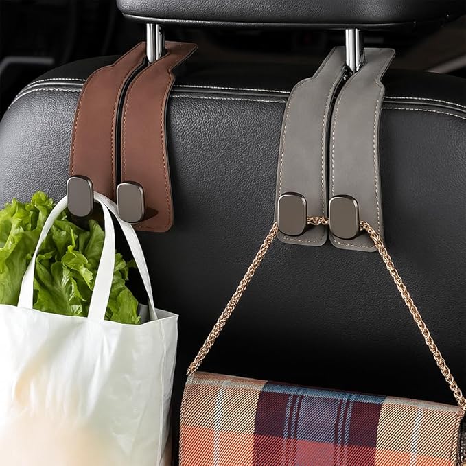 Car Seat Back Storage Hook, 2026 New Two Hook Fur Leather Seat Back Headrest Hanger Genuine Leather Double Metal Hook for Backseat Organizer, Car Organization Accessories (2, Black)