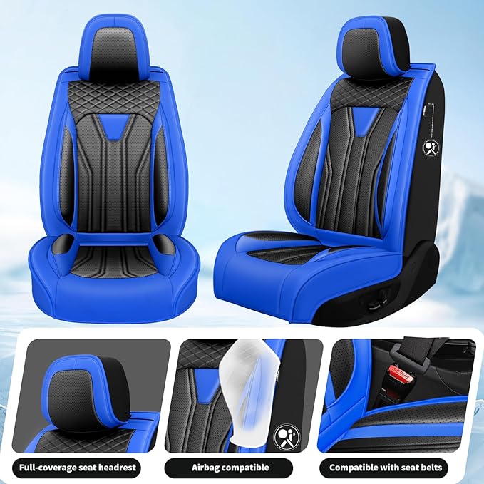 Fit Leaf Car Seat Covers Compatible with Nissan Leaf 2012-2025 2026 - Full Set Premium Leather， Waterproof Breathable， All-Weather Seat Cushion Protecto&Airbag Compatible （Blue & Black