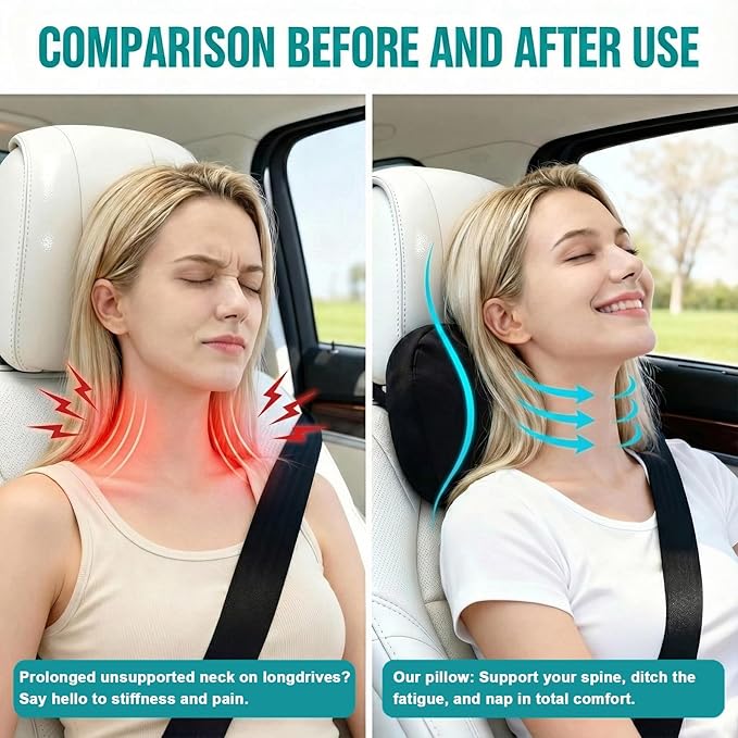 2PCS Car Pillow for Car Neck Pillow for Driving Seat Neck Support Soft Cushion Back Support Head-Rests for Vehicle Sleeping with Elastic Adjustment Strap (Red, Head and Lumbar)