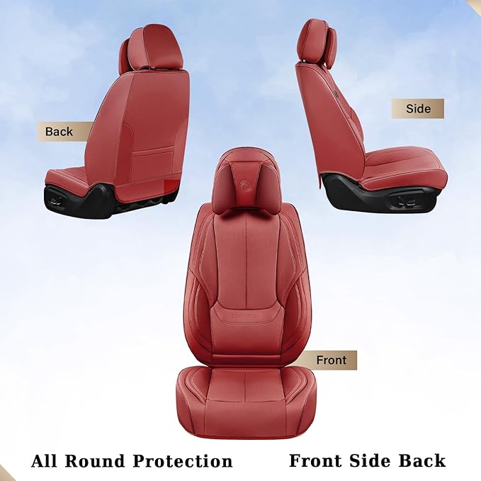 Coverado Universal Seat Covers Full Set, Universal Seat Covers for Cars, Waterproof Nappa Leather Car Seat Covers with Head Pillow, 5 Seats Auto Protectors Fit for Most Sedans SUV Pick-up Truck-Red