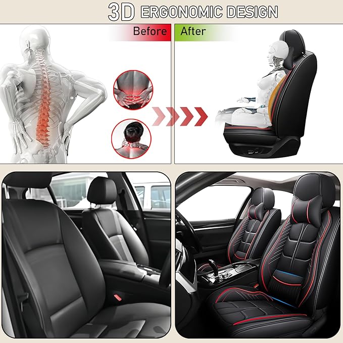 Leather Car Seat Covers Fit for Toyota RAV4 Hybrid 2016-2024, 5 Seater Car Seat Cover, Premium Waterproof, Scratch Resistant Car Interior Accessories (Full Set with Pillow Black Red)