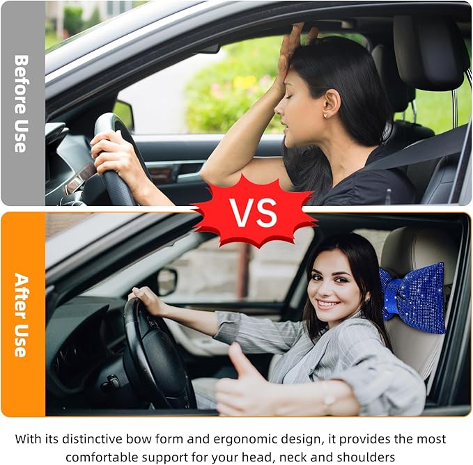 2 PCS Bling Car Pillows,Rhinestones Bowknot Car Headrest Pillow,Car Neck Pillow for Driver Relax Necksupport,Sleeping Travel Support Neck Pillow,Shiny Diamond Interior Accessories for Women,Blue