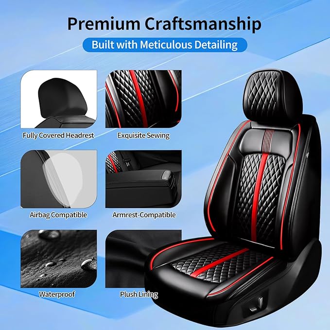 Fit Impala Car Seat Covers (Front Pair) for Select Chevrolet/Chevy Impala 2000-2020 - Premium Full Coverage Leather, Airbag Compatible, Waterproof All Weather Seat Protector, Red Trim