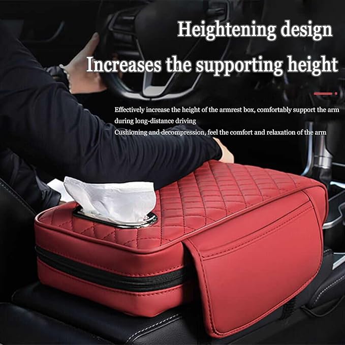 Car Center Console Cover for Fiat 500L (Type 330) 2012-2021, Leather Car Arm Rest Cover, Car Armrest Cushion with 2 Storage Bags Car Center Console Armrest Pad, C Black+Red