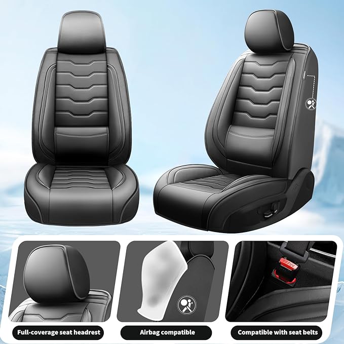 Fit Kona Car Seat Covers for Select Hyundai Kona 2018-2025 2026. Premium Leather, Waterproof， Breathable, Scratch-Resistant & All-Weather Seat Cushion Protector (Front Pair, Black)