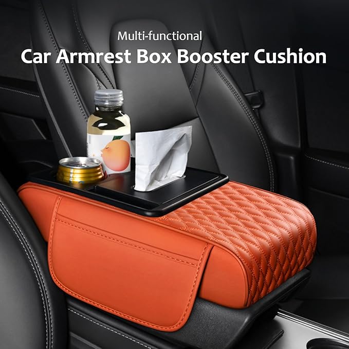 Car Center Console Armrest Pad, Arm Rest Box Cushion with Ergonomic Height Boost, Storage Pockets, Built-in Tissue Box, Cupholder, Fit for Most Sedan Vehicles (Embroidery Water Ripple, Black-Red)