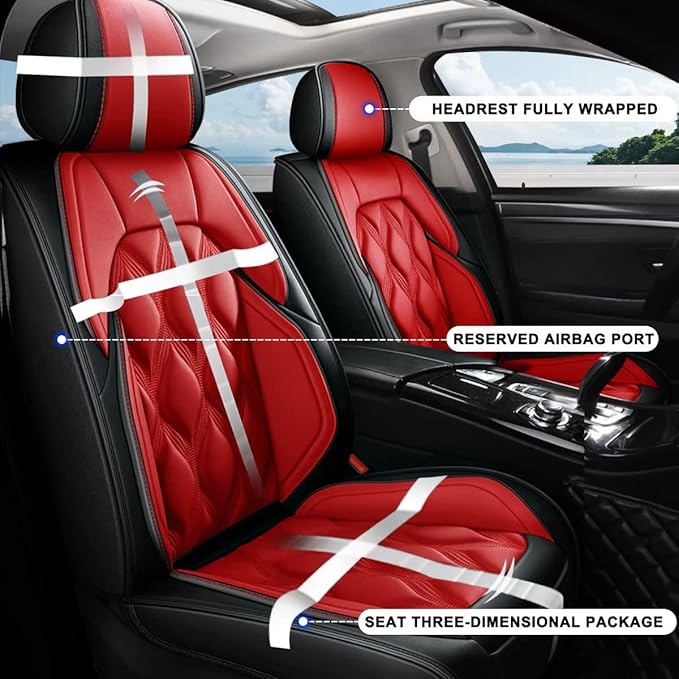 AOMSAZTO Front Seat Covers Fit for Kia Seltos 2021-2026 Waterproof Faux Leather Car Seat Cover Compatible with Airbag(2PCS Front, Black&Red)