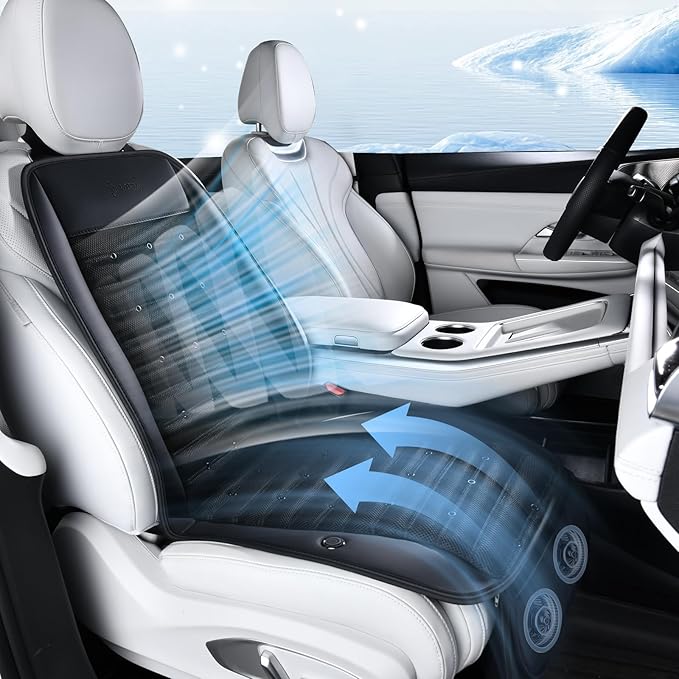 FLORICH Cooling Car Seat Cover, 12V-24V Ventilated Seat Cushion Cooling Car Seat Pad for Summer Driving with 2 Powerful Turbo Fans 3-Speed Temperature Adjustable Universal Fit for Car SUV Truck Van