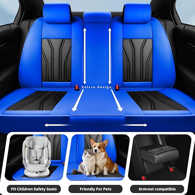 Fit Frontier Car Seat Covers Compatible with Nissan Frontier 2010-2025 2026 - Full Set Premium Leather， Waterproof Breathable， All-Weather Seat Cushion Protecto&Airbag Compatible （Blue & Black