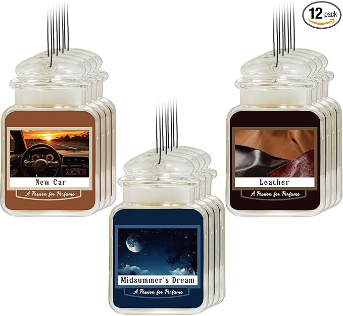 12 Pcs Car Freshener Air Freshener Paper Scented Hanging Cars Accessories Fresheners for Interior Decor Bathroom Hanging Ornaments(Leather Midsummer's Dream New Car)