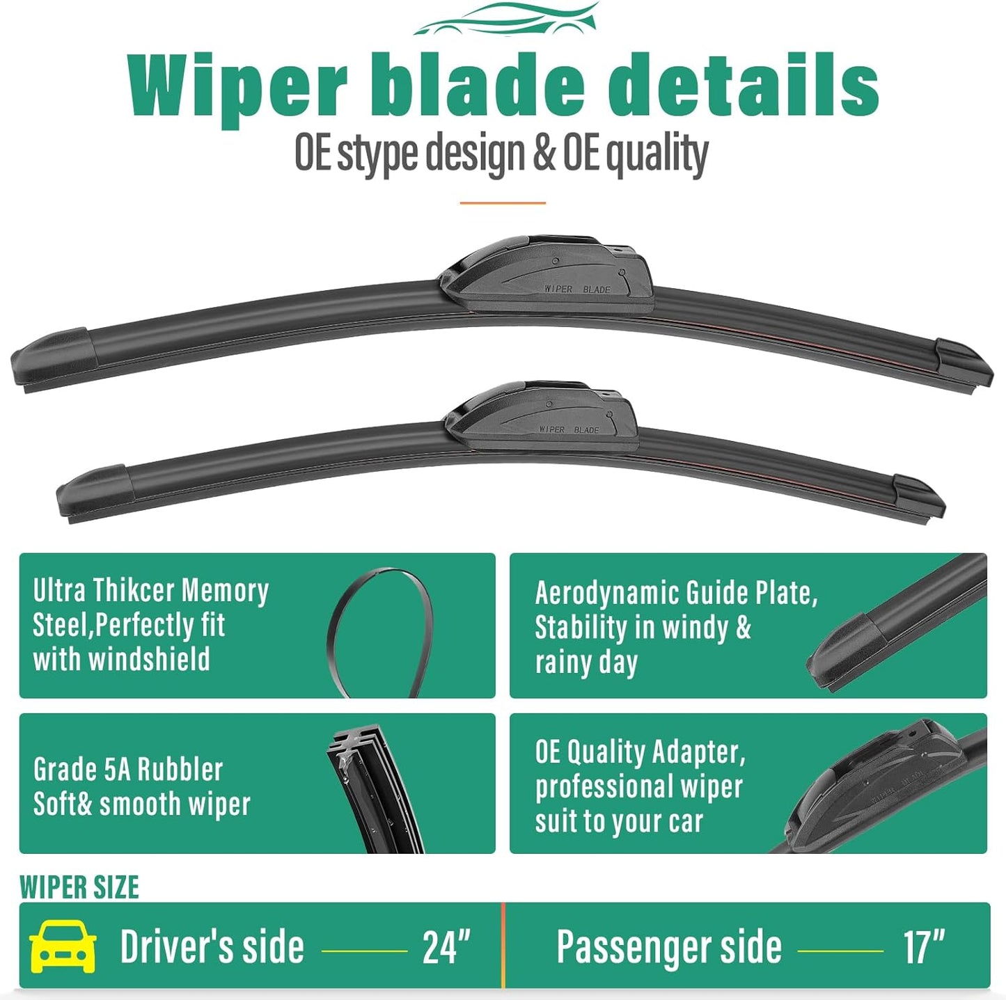 24" 17" 12" Windshield Wiper Blades Replacement for Toyota RAV4 2006 2007 2008 2009 2010 2011 2012 RAV 4 Premium All Weather Front Rear Wipers Set - OEM Quality (Pack of 3)