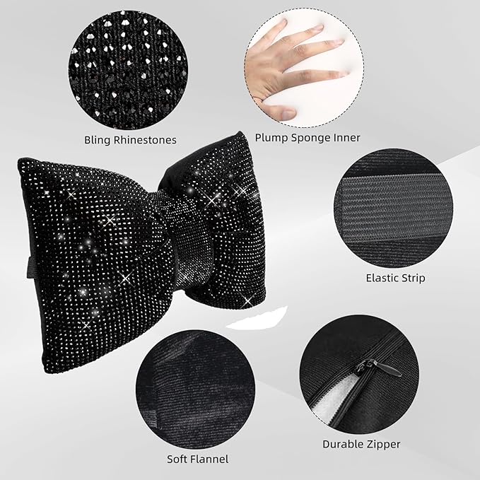 4 PCS Bling Car Pillows,Rhinestones Bowknot Car Headrest Pillow,Car Neck Pillow for Driver Relax Necksupport,Sleeping Travel Support Neck Pillow,Shiny Diamond Interior Accessories for Women,Black