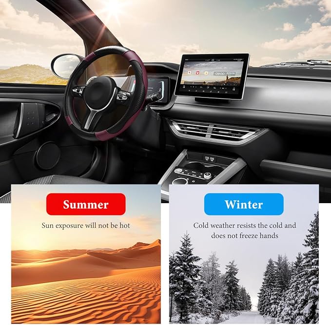 Car Steering Wheel Cover, 15 Inch Anti-Slip Stretch Leather Steering Wheel Protector, Comfortable Breathable Sporty Steering Wheel Cover for Women Men, Car Accessories (Wine Red)