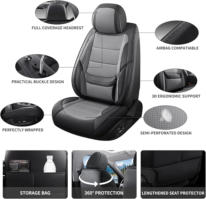 Car Seat Covers Full Set Custom fit for Chevy Cruze 2011-2019 - Luxurious Faux Leather with Lumbar Support, Breathable, Anti-Skid, Durable & Comfortable (Black&Gray,Full Set)