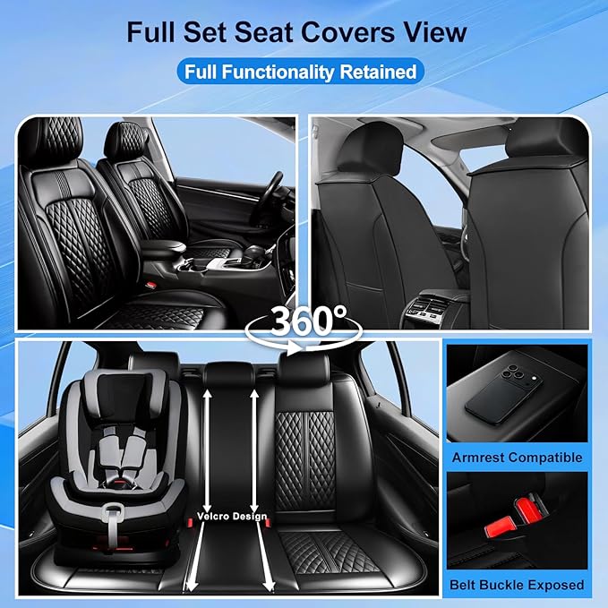 Fit Accord Car Seat Covers (Front Pair) for Select Honda Accord 2012-2026 - Premium Full Coverage Leather, Airbag Compatible, Waterproof & All Weather Seat Cushion Protector, Black