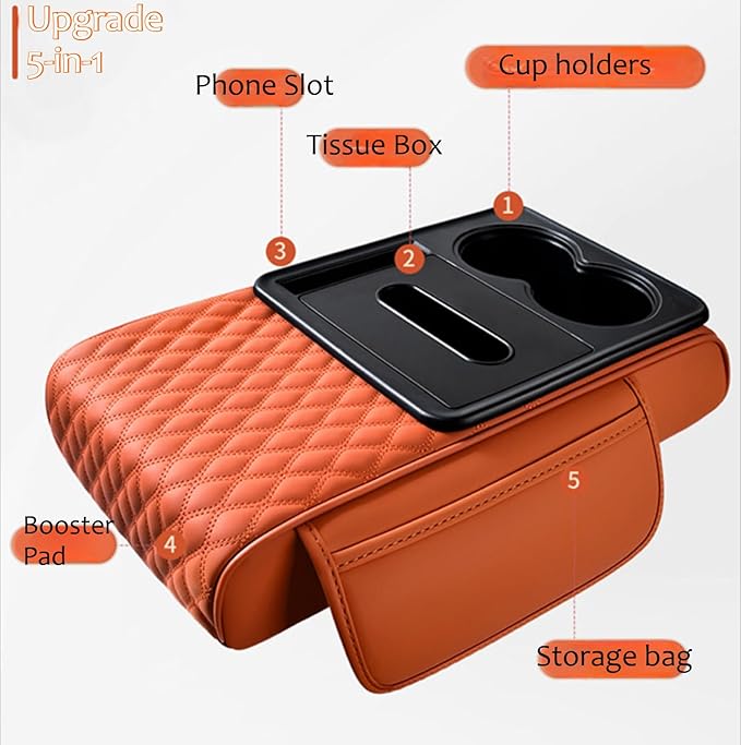 5-in-1 Car Armrest Pad Cushion, Water Ripple Embossed Center Console Booster Pad with Tissue Box, Cup Holder, Storage Bag, Phone Slot, Fit for Most Sedan Vehicles (Water Ripple Series, Grey)