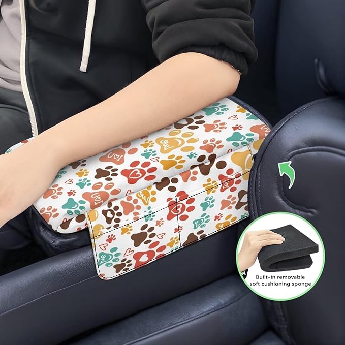 Dreaweet Dog Paw Center Console Armrest Pad Cover Thick Arm Rest Cover for Car Cute Car Accessories for Women Scratch Proof Comfy Car Center Console Cushion Pad with Pockets