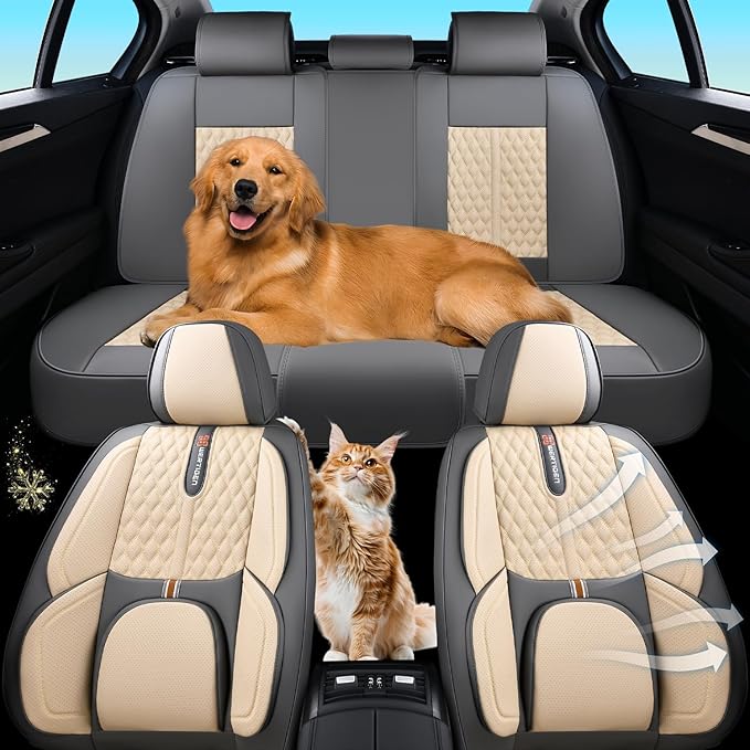 Car Seat Cover Set, Khaki Seat Covers, Automotive Interior Accessories, with Lumbar Support, Premium Nappa Leather, Protect and Upgrade Your Car Interior, Fits Suvs, Pickups, Sedans