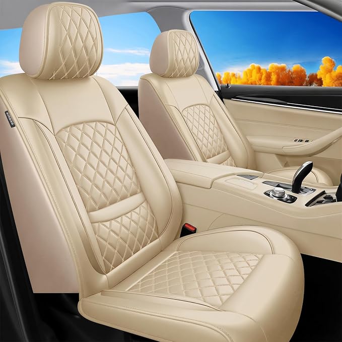 Fit for Equus Seat Covers Compatible with Hyundai Equus 2011-2016 - Waterproof Breathable Leather Automotive Seat Cushions Protector,Airbag Compatible,Only 2 Front seat Covers(Beige)