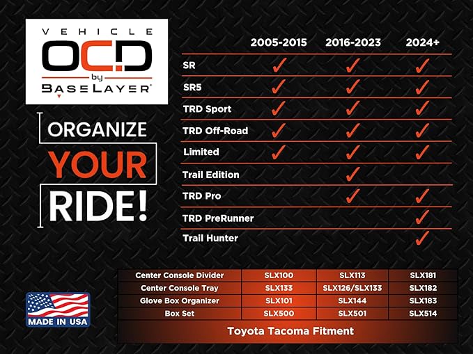 Vehicle OCD - Center Console Organizer Tray for Toyota Tacoma (2016-2023) - Made in USA - SLX126