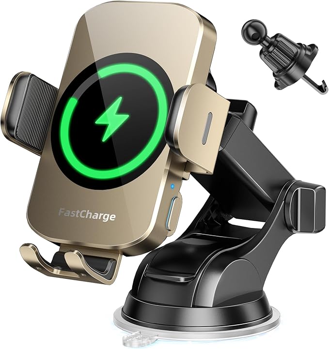 Wireless Car Charger, Fast Charging Phone Holder 3 in 1 Phone Mount Auto Clamping Car Accessories Compatible with iPhone 17 16 15 14 13 12 11 Xs XR, Samsung S23 Ultra S22 S21 S20(Amber Yellow)