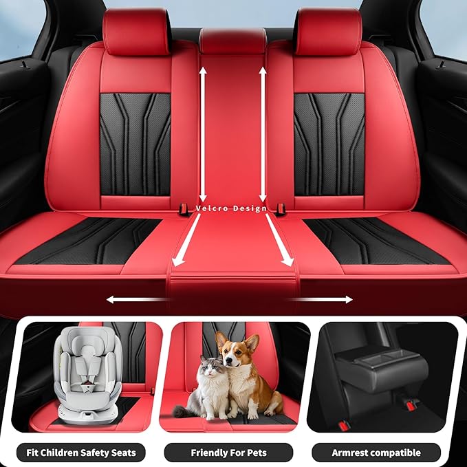 Fit Versa Car Seat Covers Compatible with Nissan Versa 2008-2025 2026 - Full Set Premium Leather， Waterproof Breathable， All-Weather Seat Cushion Protecto&Airbag Compatible （Red & Black
