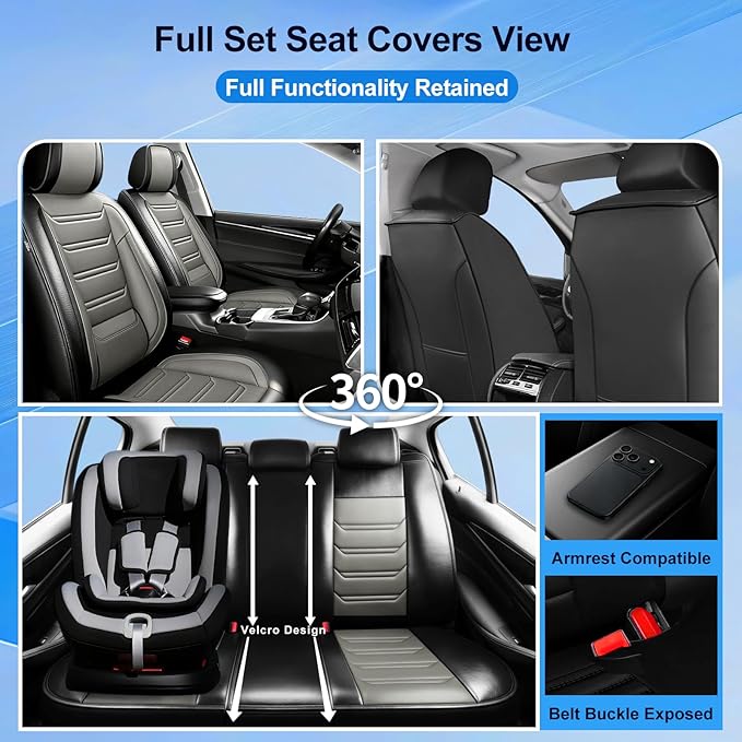 Fit Malibu Car Seat Covers for Chevrolet/Chevy Malibu 2009-2025, Full Coverage Leather, Airbag Compatible, Waterproof All Weather Breathable Seat Cushion Protector, Full Set, Black+Gray