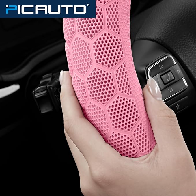 PIC AUTO Massage Steering Wheel Cover, Pink Football Pattern Material Spliced & Beige Leather Car Steering Wheel Cover, Car Steering Cover, Universal Fit 14.5"-15.5" for Cars, Trucks, Van, SUVs