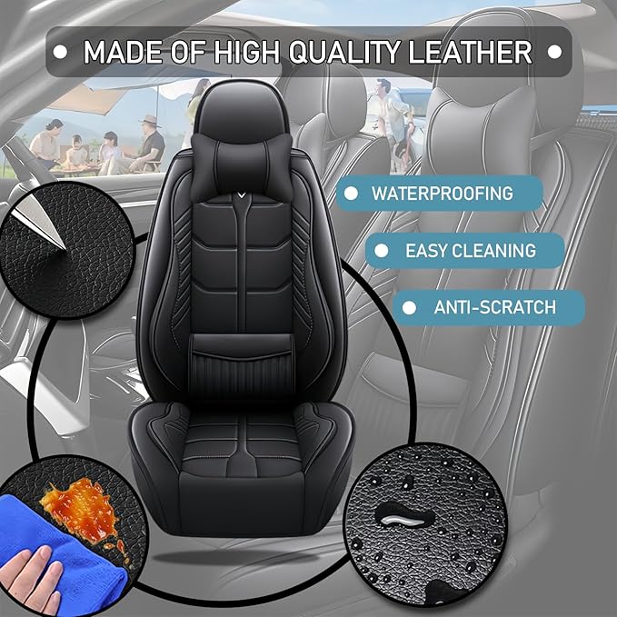 Leather Car Seat Covers Fit for Toyota FJ Cruiser 2002-2024, 5 Seater Car Seat Cover, Premium Waterproof, Scratch Resistant Car Interior Accessories (Full Set with Pillow Black)
