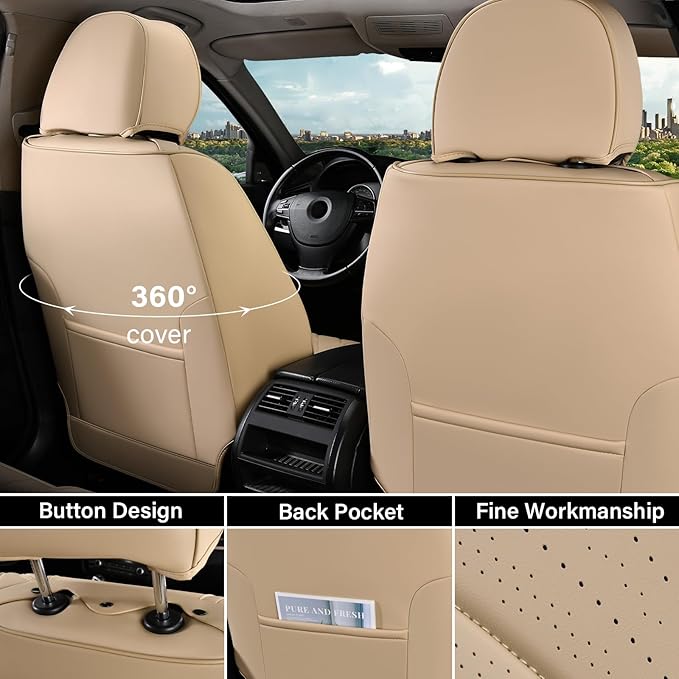 Coverado Car Seat Covers Full Set, Breathable Nappa Leather Seat Covers for Cars, Universal Seat Covers, Front and Back Waterproof Car Seat Protector, Automotive Seat Cushion Fit Most Cars(Beige)