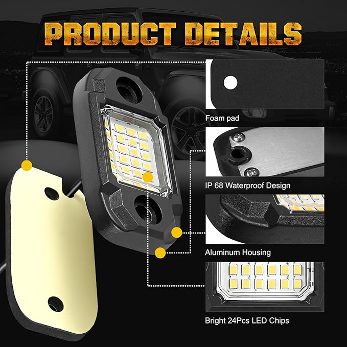 12Pods LED Rock Lights White 24led Chips Waterproof Neon Underglow Lighting Kit for Trucks SUV ATV Car