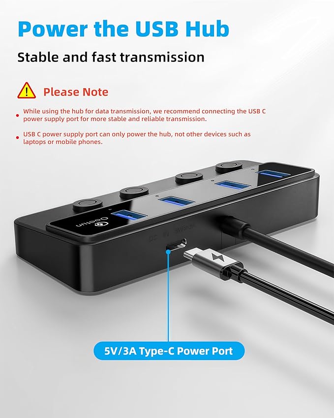 Qeefun 4-Port USB 3.0 Hub, Individual LED Power Switches, 5Gbps Data Transfer USB Splitter with 2ft Extension Cable, Multiple USB Extender for Laptop, PC, iMac, USB Flash Drives and More
