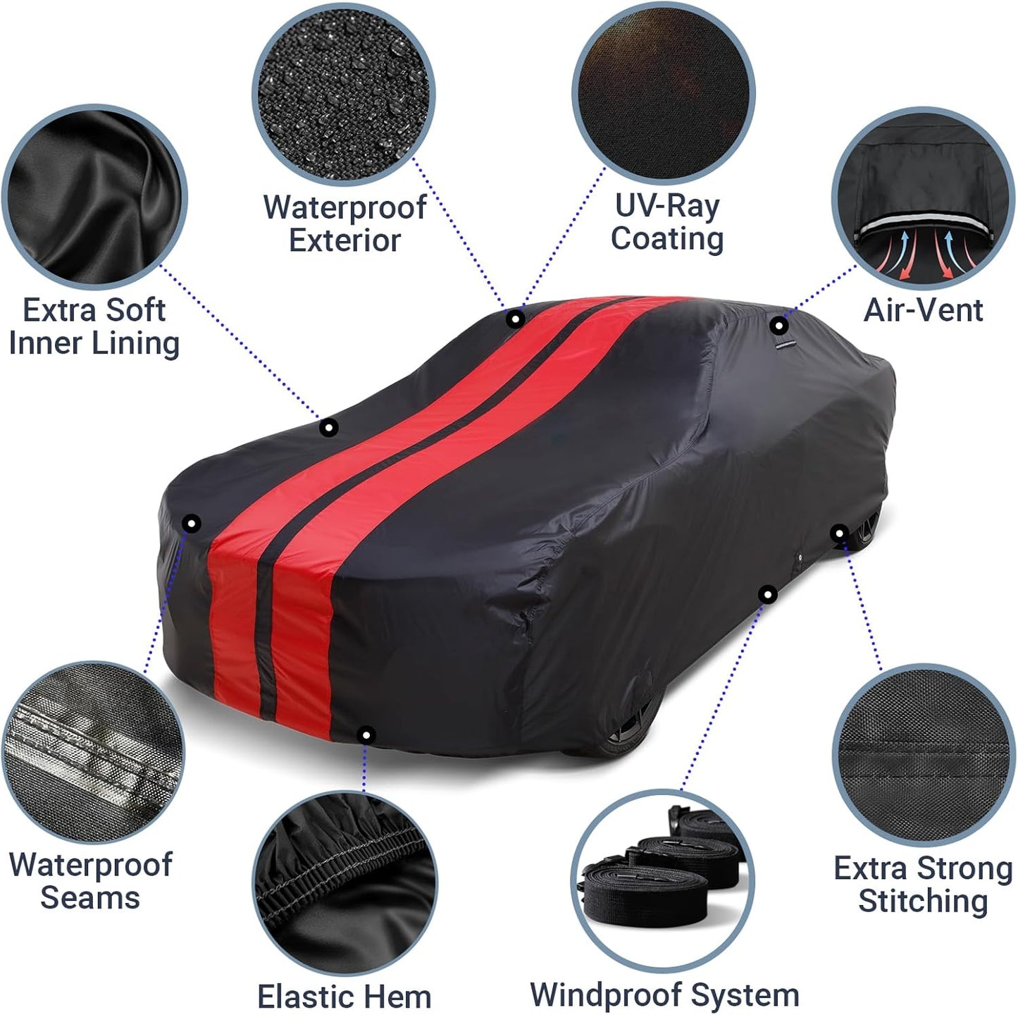 iCarCover Custom Car Cover for Pontiac Tempest Wagon (1964-1968) Waterproof All-Weather Rain Snow UV Sun Protector Full Exterior Indoor Outdoor Car Cover (Stripe - Black/Red)