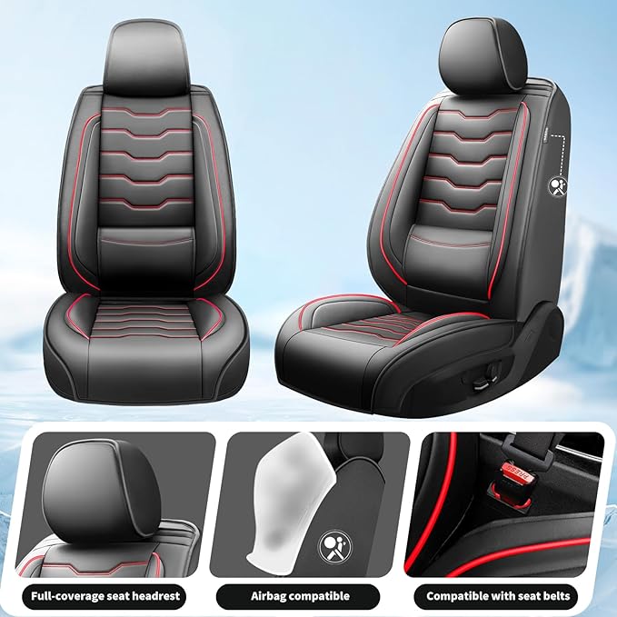 Fit Prius Car Seat Covers for Toyota Prius 2001-2025 2026 -Premium Leather, Waterproof，Breathable，All-Weather Seat Cushion Protecto & Airbag Compatible, 2 Front Seat Red Line Black