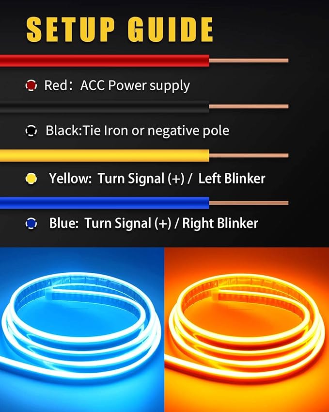 Sequential Turn Signal Light Strip Dynamic Scan Start Up Led Hood Lights Flexible DRL Daytime Running Light for Car,Truck,SUV,Dual Color Ice Blue Amber Flowing Switchback 12V 94inch/240CM (1Set)