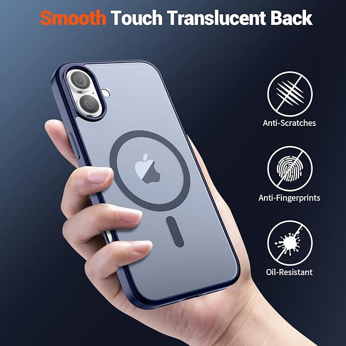 SUPFINE Magnetic for iPhone 16 Plus Case(Compatible with MagSafe) (Military Grade Drop Protection) Slim Translucent Matte Shockproof with Anti-Fingerprint Phone Case,Navy Blue