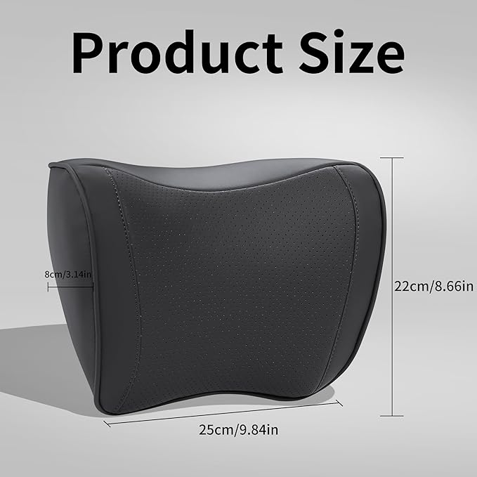 Car Headrest Pillow 100% Memory Foam, Breathable Removable Leather Cover, Premium Seat Support Head Neck Cushion for Driving Travel Home Office, Black, 1 Pack