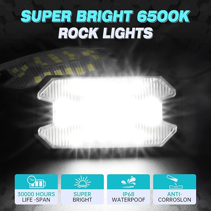 12 Pods Pure White Rock Lights, 6000K Pure White 27 LEDs Super Bright LED Underglow Neon Light, 10m Extension Wire, IP68 Waterproof for Trucks Pickup SUV UTV ATV RZR Car Boats