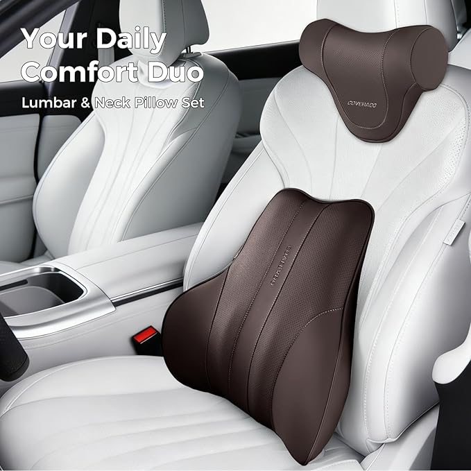 Coverado Lumbar Support Pillow for Car, Ergonomic Memory Foam Back Pillow for Office Chair, New Back Cushion for Pain Relief, PU Leather Car Lumbar Support for Driving Seat