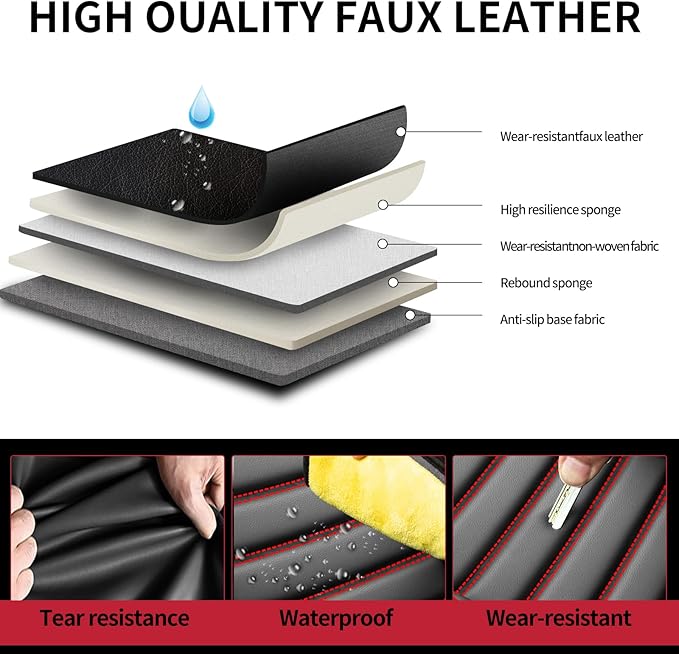 Fit Kona Car Seat Covers for Hyundai Kona 2018-2024 2025 2026 - Upgraded Premium Waterproof & Breathable Leather,Airbag Compatible, All-Weather Seat Cushion Protector(Full Set,Black+Red)