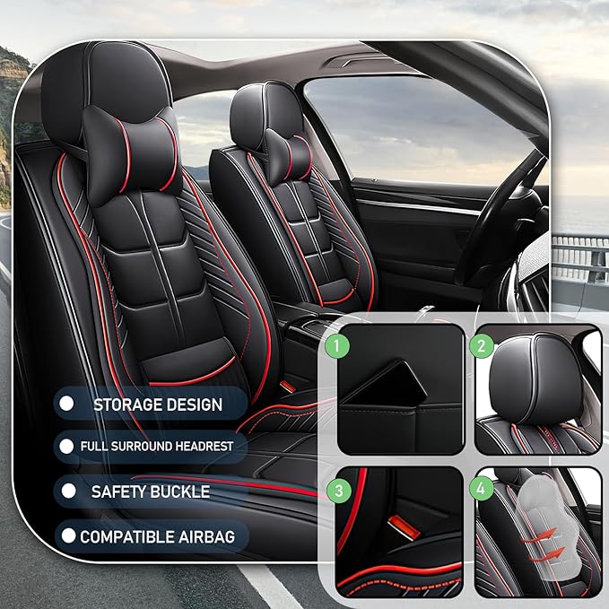 Leather Car Seat Covers Fit for Toyota Prius c 2012-2019, 5 Seater Car Seat Cover, Premium Waterproof, Scratch Resistant Car Interior Accessories (Full Set with Pillow Black Red)