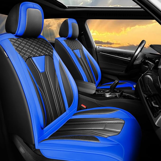 Fit Versa Car Seat Covers Compatible with Nissan Versa 2008-2025 2026 - Full Set Premium Leather， Waterproof Breathable， All-Weather Seat Cushion Protecto&Airbag Compatible （Blue & Black