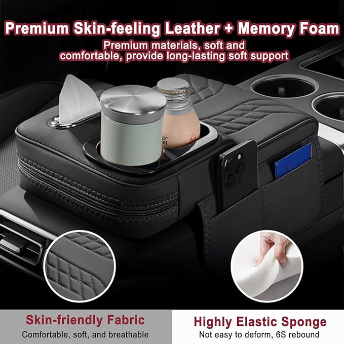 Car Armrest Storage Box for Cadillac SRX 2004–2016 2013 2014 2015, Sport-Style Center Console Organizer with Side Pocket, PU Leather Armrest Cushion, Elbow Support Pad,D Beige