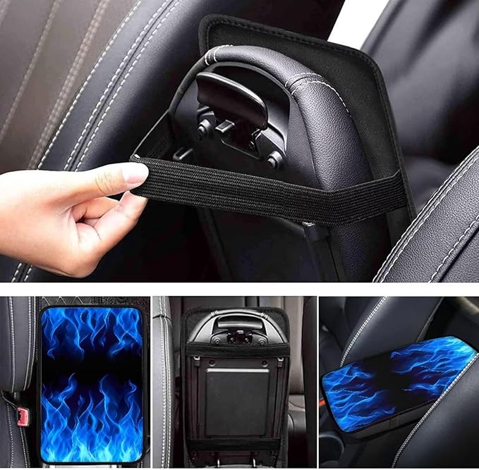 Car Middle Console Covers Non Slip Blue Flames Car Arm Rest Cushion Cover for Men Universal Auto Interior Accessories for Vehicle, SUV, Truck