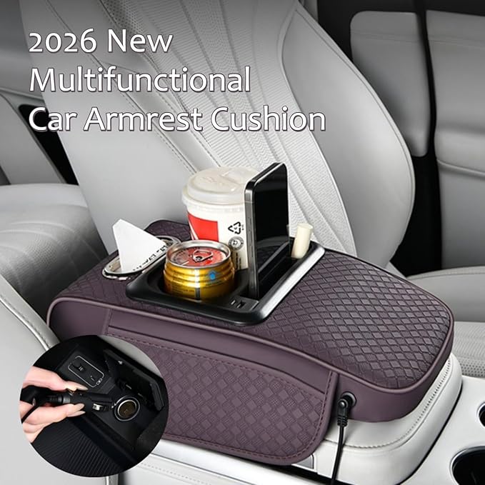 2026 Upgraded Car Center Console Cushion with 30w USB& Type-C Charging Ports, Leather Car Armrest Pad Cover, Interior Accessories for Most Vehicles (Ergonomic Sloped Version, Grey)