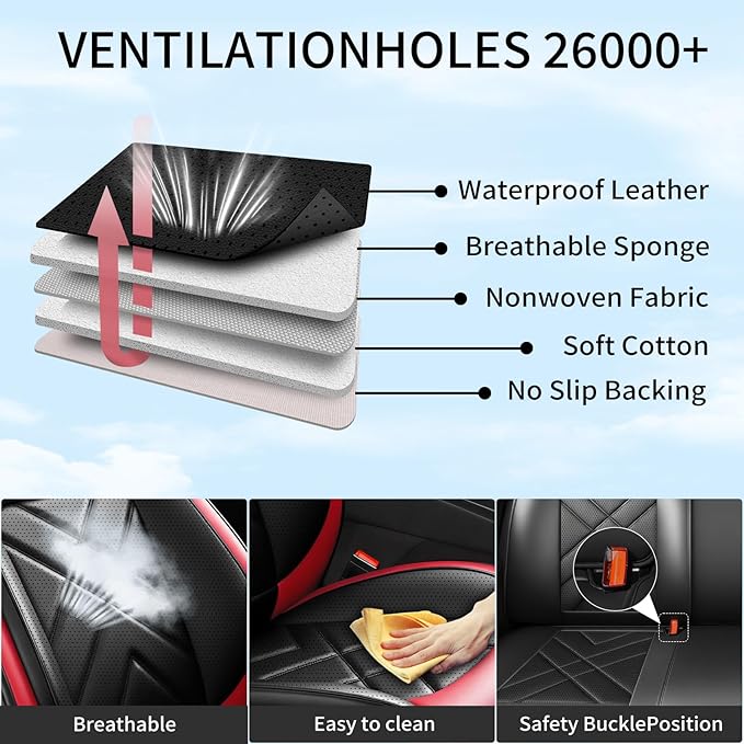 Car Seat Covers Fit for Mazda 3 2007-2026, Premium Leather, Full Coverage Leather Waterproof Breathable Seat Covers, Automotive Seat Protectors, Airbag Compatible(2 Front Seats, Black & Red)
